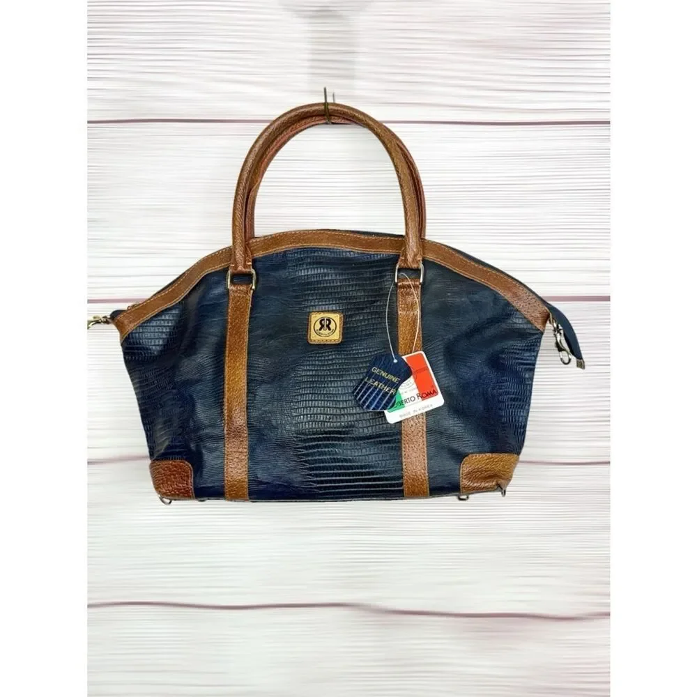 Roberto Roma Leather Satchel Bag Blue Brown Textured Crossbody Top Handle Vng